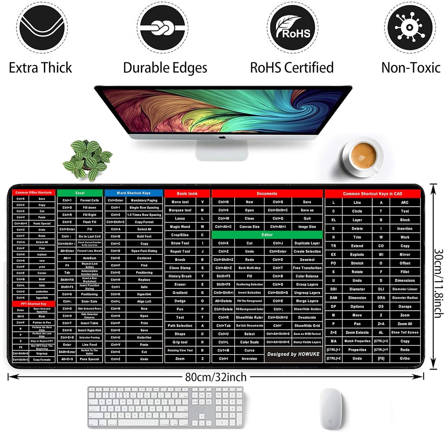 JICOOT Anti-Slip Keyboard Pad with Office Software Shortcuts Pattern, Clear Extended Large Cheat Sheet Mouse Pad, Large Rubber Base Mice Smooth Cloth Desk Mat, Excel Shortcut Keys Mouse Pad (80x30cm) - Image 2