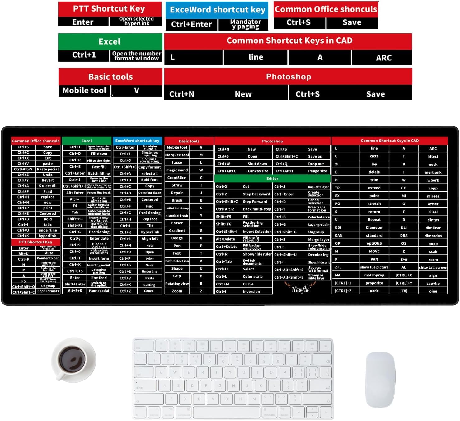 JICOOT Anti-Slip Keyboard Pad with Office Software Shortcuts Pattern, Clear Extended Large Cheat Sheet Mouse Pad, Large Rubber Base Mice Smooth Cloth Desk Mat, Excel Shortcut Keys Mouse Pad (80x30cm) - Image 4
